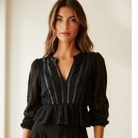 Express Tops - Express Black Lace And Faux Leather Trim Long Sleeve Peplum Top Boho French Chic